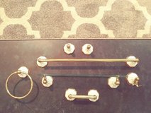 Brass & white ceramic towel bar & ring, glass shelf, robe hook, TP holder in Warner Robins, Georgia