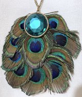 Vintage Necklace - Peacock Feathers & Aqua Stone - 26" Goldtone Chain in Lockport, Illinois