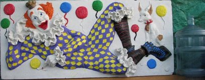 Relief Sculpture, Clown with Dog, 3D, Hand painted, 56" wide x 25" tall signed H.S, original, un... in Vista, California