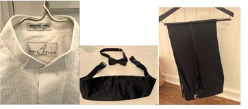 Men's Wing tip tuxedo shirt, tuxedo pants and cummerbund with bow tie. in Shorewood, Illinois