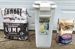 Partial bags of Kingsford & Cowboy brand Charcoal for grill & rolling storage container bundle in Naperville, Illinois