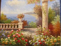 Oil Painting of a Formal Patio with Flowers overlooking a Lake Vista in Batavia, Illinois