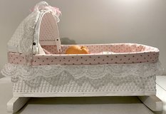 Hooded white wicker & wood rocking Cradle & baby Doll *EUC* in Plainfield, Illinois