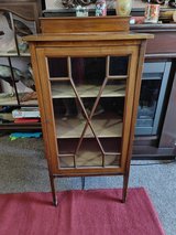 Edwardian display cabinet with key. H106cm(+7.8cm for the back board) W50.5cm D34.8cm in Lakenheath, UK