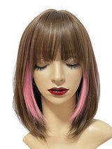 Medium Straight Wig with Pink Inner Highlights (Heat-Resistant Fiber / with Bangs) in Okinawa, Japan