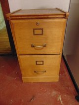Vintage Mission Oak Wood 2-Drawer File Cabinet with Brass Handles and Lock in Chicago, Illinois