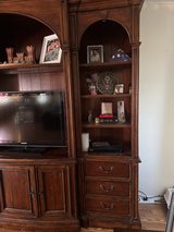 Wood Entertainment Center with Glass Shelves and Lights in Lawton, Oklahoma