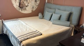 Queen size boxspring Bed with New mattress topper in Stuttgart, GE
