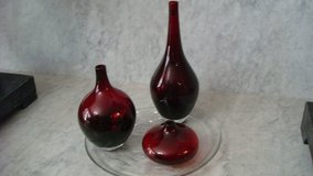 3 vintage & collectible: Ikea ruby red hand crafted vase's with clear glass christams serving plate in Fort Bliss, Texas