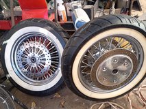 Shinko whitewall tires and chrome spoke wheels with brake rotor in Conroe, Texas
