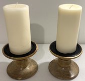 Like New! 2 wood Candle Holders w/ New Pillar Candles Set in Joliet, Illinois