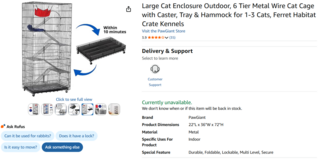 Cat Enclosure Outdoor, 6 Tier Metal Wire Cat Cage with Caster, Tray & Hammock in Alamogordo, New Mexico