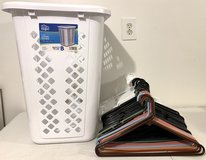 Like New! XL Laundry Hamper (NO lid) & 65 plastic Tube Hangers *$10 takes All or some in Bolingbrook, Illinois