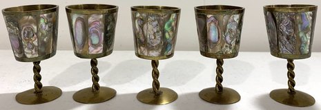 Vintage 5pc Mini Goblet - Abalone / Mother of Pearl & Brass Cordial Set in Westmont, Illinois