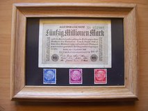 50 Million Mark German Reichbanknote with three German stamps in Ramstein, Germany
