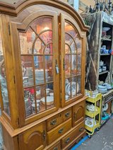 Oak China Cabinet, with lights and glass shelves in Warner Robins, Georgia