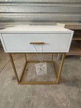 Modern white side table with drawer and gold metal frame, brand new. in Houston, Texas