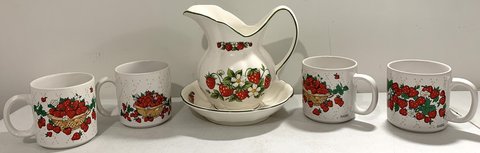 Vintage Drink Pitcher w/ Saucer & 4 Coffee / Tea Cups / Mugs Set - Strawberries *$15 takes ALL* in Orland Park, Illinois