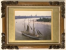 Vtg Framed Wall Art - Sailboat / Schooner - Cityscape & beach background - Carved wood Frame in Naperville, Illinois
