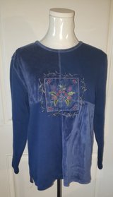 Erika Collection Petites Suede Blue Embroidered Long Sleeve Sweater (Size PS) in Sacramento, California