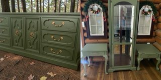 Huge Dresser Corner Curio & Nightstands End Tables Solid Wood 4pc Dark Green Satin Set New in Kingwood, Texas