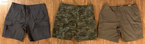 Men's 42" waist - 3 pair Cargo Shorts (gray, camo & khaki)*EUC* in Joliet, Illinois