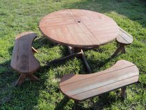 Picnic Table, wooden old growth Redwood, Circular, 4 benches, 8 person in Camp Pendleton, California