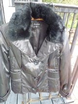 BEBE Puffer Jacket Black & White Stripe Faux Fur Collor in Los Angeles, California