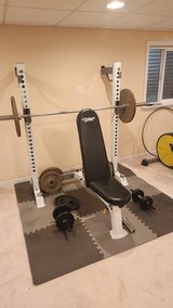 Bench, rack, and barbell set w/ weights in Bolingbrook, Illinois