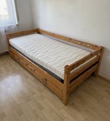 Solid Wood Bed with Pull-Out Guest Bed + Mattress (1 year old) in Stuttgart, GE