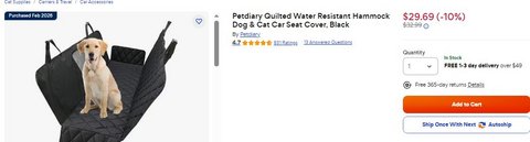 Petdiary Quilted Water Resistant Hammock Dog & Cat Car Seat Cover, Black in Fort Rucker, Alabama