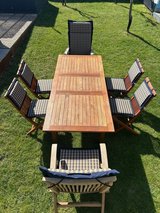 Solid Teak Garden Table with chairs and cushions in Ramstein, Germany