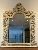 Large Ornate Carved Wood Mirror – Distressed Gold Statement Piece in Ramstein, Germany
