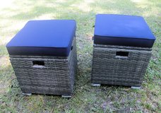 Outdoor Wicker Storage Box Seat Oman with Cushion Set Navy Blue and Gray in Macon, Georgia
