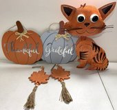 SALE PENDING - Fall Decor Bundle - Metal Cat - 2 pumpkin signs & 2 wood leaves in Naperville, Illinois