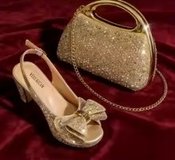 Italian Gold High Heels & Matching Bag Set – Rhinestone Detail, Pointed Toe, Women's Luxury in Los Angeles, California