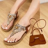 Summer Flat Rhinestone Clip Toe Sandals + Chain Bag Set – Bohemian Anti-Slip Beach Shoes (Brown,... in Los Angeles, California