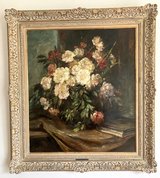 Large Antique Oil Painting 40" x 37" Flowers in Ornate Gold Frame w. Signature in Stuttgart, GE