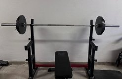 Bench press set up with Rogue Olympic plates in Ramstein, Germany
