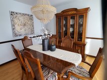 Vintage Mint Condition Wood Dining Room Set with Cane Back Chairs and Hutch in Glendale Heights, Illinois