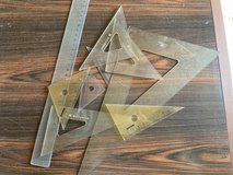 Set of various plastic drafting triangle rulers in Okinawa, Japan