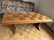 Antique Solid Wood Coffee Table with Checkerboard Design and Ornamentation, 160x65 cm in Wiesbaden, GE