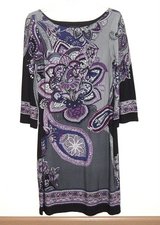 En Focus Studio Purple 3/4 Bell Sleeve Paisley Shift Dress Size 8 Boteh Stretch in Chicago, Illinois