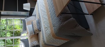 Queen bed. Frame with 6 drawers. Box spring.  Mattress.  Comforter set with pillows in Vacaville, California