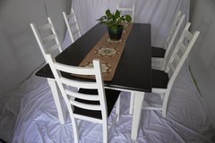 Beautiful Farmhouse Dining Table Set – 6 Chairs – Kona Stained Top & White Satin Base in Mobile, Alabama