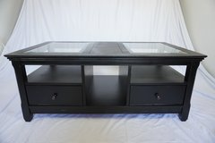 Modern Black Coffee Table – Glass Top, 2 Drawers, Freshly Refinished in Mobile, Alabama