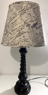 Like New! Table Lamp - 32" tall - French script print shade - includes 3-way light bulb in Naperville, Illinois