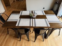 Farmhouse wood table with metal base-4 chairs, bench & tablecloths in Wheaton, Illinois