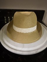 Tan Straw Fedora Panama Beach hat with White Trim in Bolingbrook, Illinois