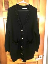 Long Black Cardigan with Tinsel Trim & Gold Buttons-Medium in Bolingbrook, Illinois